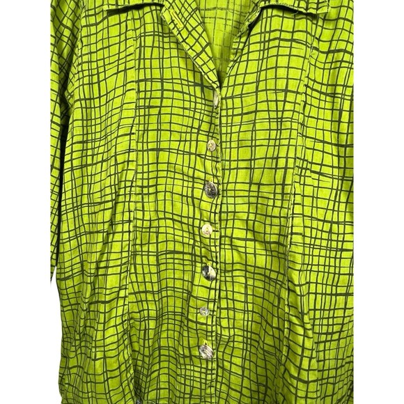 CMC Color Me Cotton Women’s XL 100% Linen Button Front Shirt Lime Green Grid - Picture 4 of 10